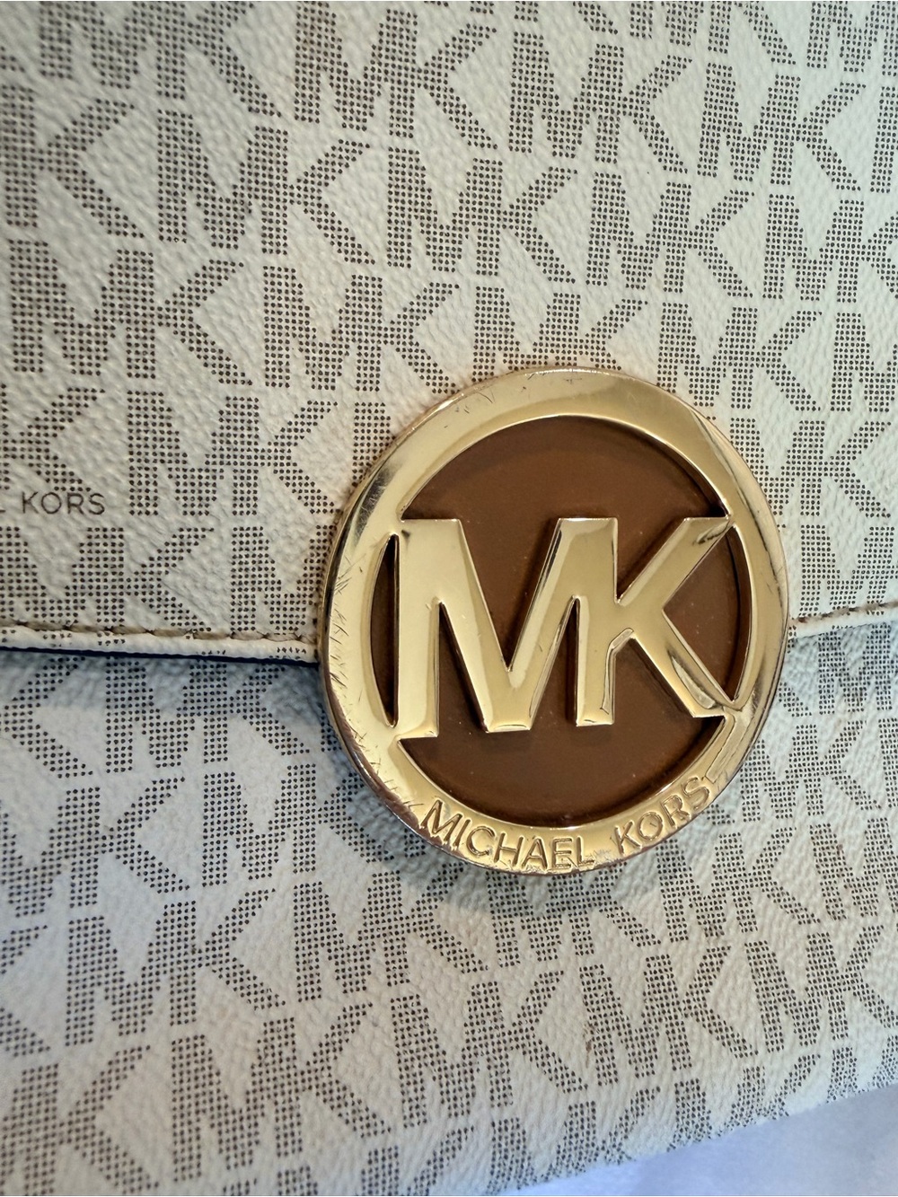 Michael Kors White and Brown Logo Crossbody with Gold MK Medallion